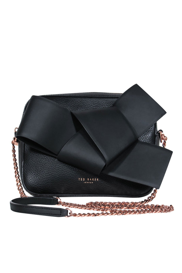 Current Boutique-Ted Baker - Black Pebbled Leather Rose Gold Chain Crossbody w/ Bow Detail