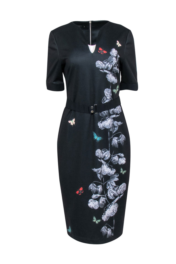 Current Boutique-Ted Baker - Black Short Sleeve Sheath Dress w/ Flower & Butterfly Print Sz 4