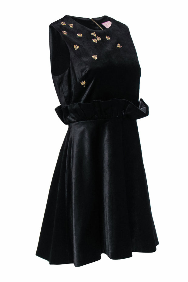 Current Boutique-Ted Baker - Black Velvet Fit & Flare Dress w/ Beaded Bee Embellishment Sz 6