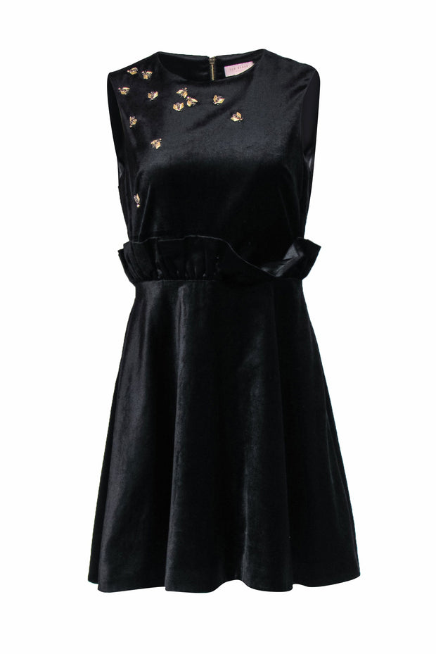 Current Boutique-Ted Baker - Black Velvet Fit & Flare Dress w/ Beaded Bee Embellishment Sz 6