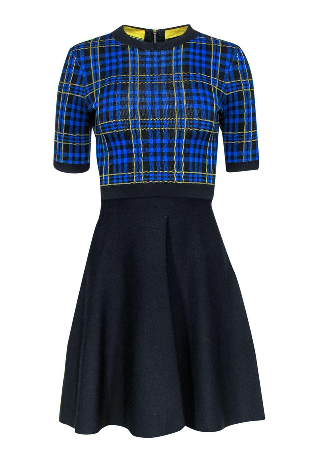 Current Boutique-Ted Baker - Black, Yellow & Blue Plaid Short Sleeve Fit & Flare Dress Sz 2