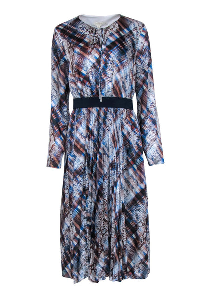 Current Boutique-Ted Baker - Blue Brown & White " Quartz" Printed Midi Dress w/ Pleats Sz 8