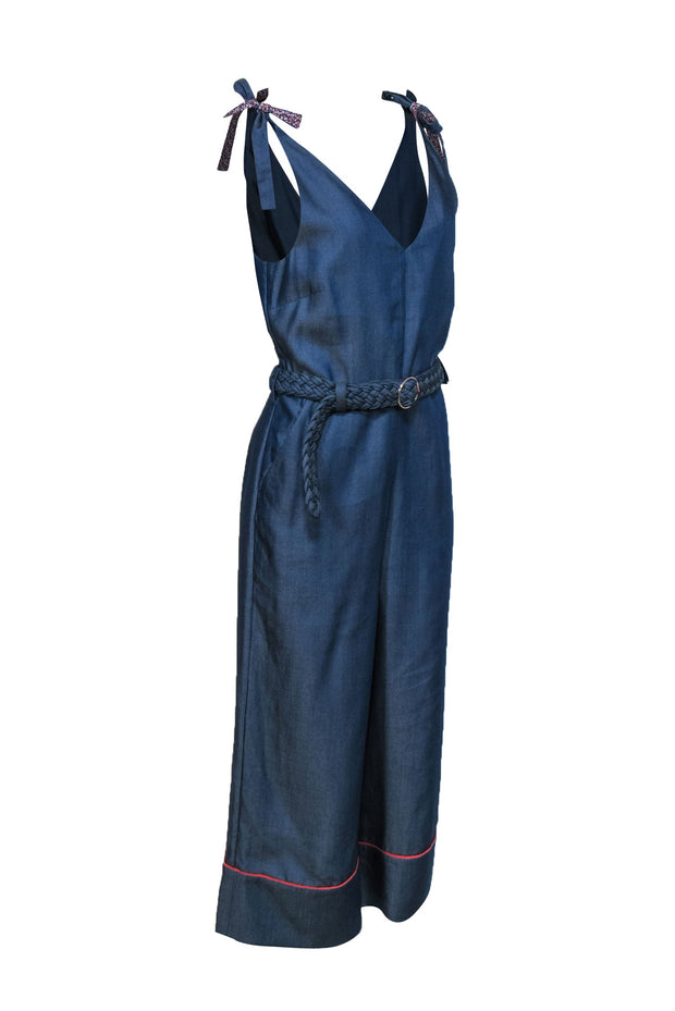 Current Boutique-Ted Baker - Chambray V-Neck Wide Leg Jumpsuit w/ Braided Belt & Tie Shoulder Sz 6