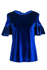 Current Boutique-Ted Baker - Cobalt Blue Ruffled Sleeve Velvet Cold Shoulder Top Sz 10