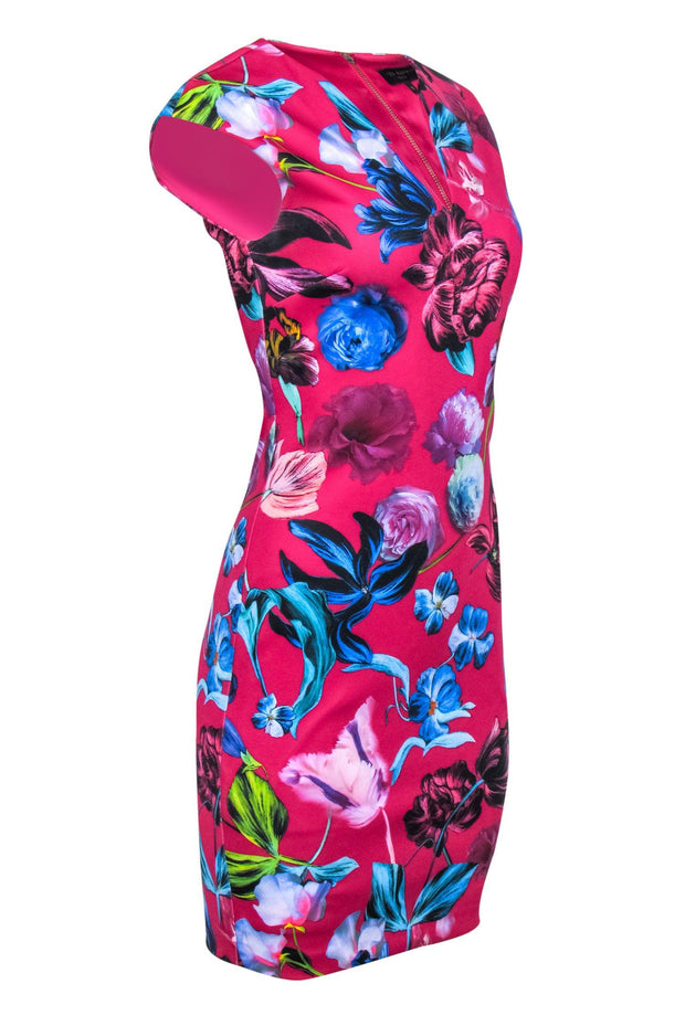 Current Boutique-Ted Baker - Dark Pink Floral Print Sleeveless Sheath Dress Sz 4