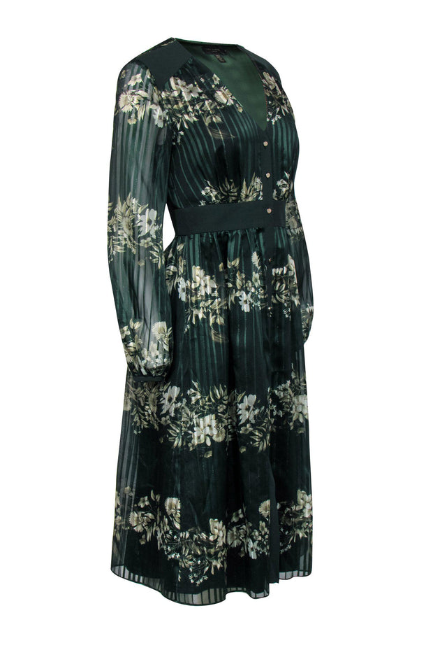 Current Boutique-Ted Baker - Emerald Green Floral Striped Mini Dress w/ Sheer Sleeves Sz 4