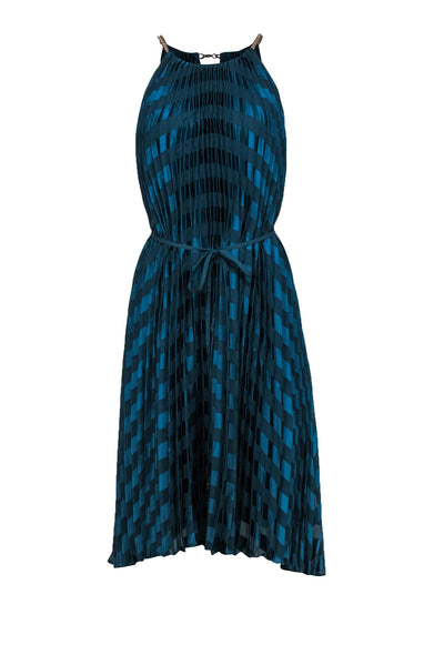 Current Boutique-Ted Baker - Emerald Green Pleated Satin Striped Maxi Dress w/ Chain Straps Sz 12