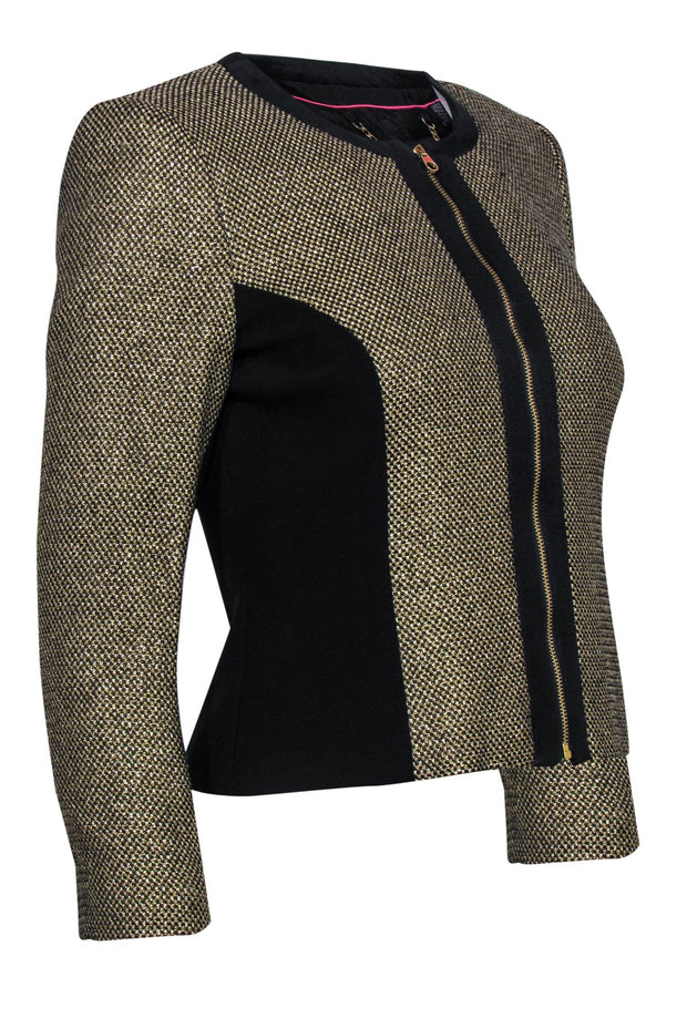 Current Boutique-Ted Baker - Gold Textured Zip-Up Jacket w/ Black Trim Sz 4