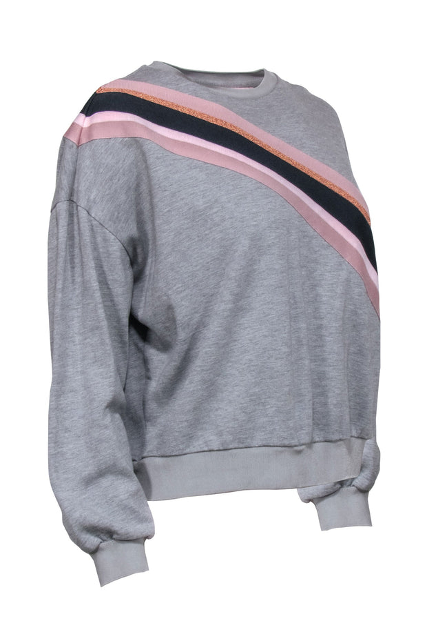 Current Boutique-Ted Baker – Grey w/ Pink Stripes Crew Neck Sweater Sz 2