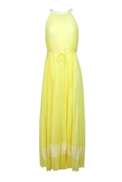 Current Boutique-Ted Baker - Lemon Yellow Pleated Belted Maxi Dress w/ Lace Trim Sz 2