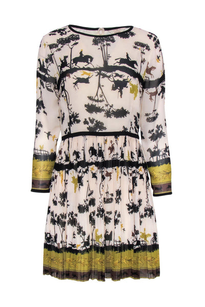 Current Boutique-Ted Baker - Light Pink, Black & Chartreuse Equestrian Print Fit & Flare Dress Sz 10