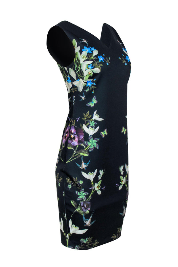 Current Boutique-Ted Baker - Navy Blue Fitted Floral Print Dress Sz 6