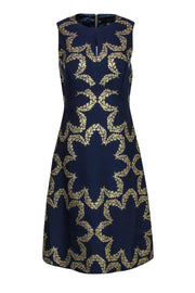 Current Boutique-Ted Baker - Navy & Gold Laurel Patterned A-Line Dress Sz 4