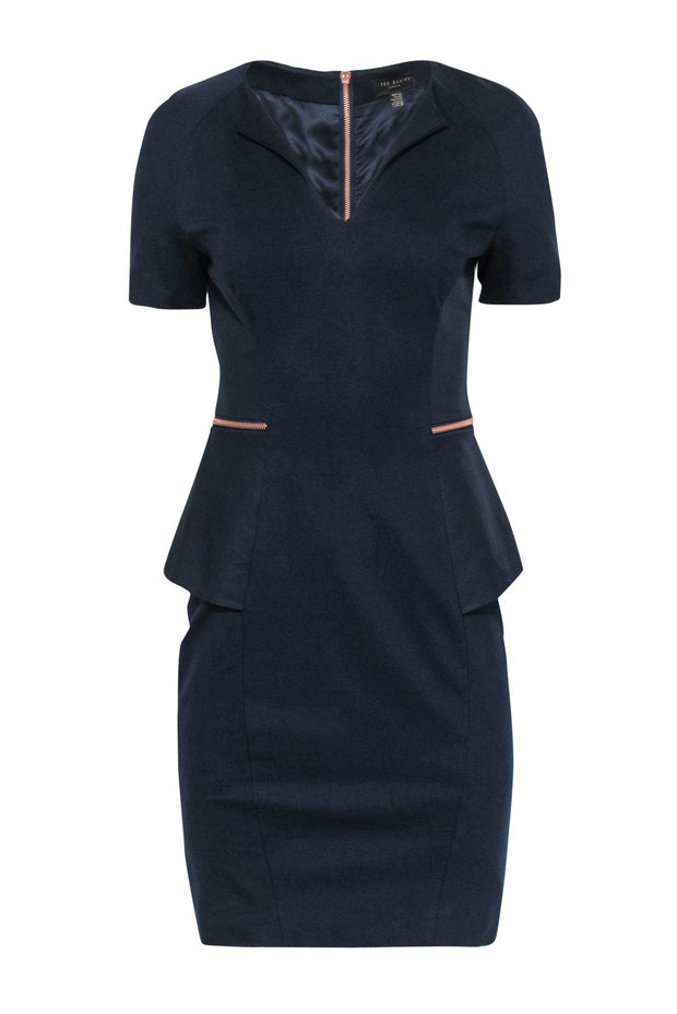 Current Boutique-Ted Baker - Navy Peplum Sheath Dress w/ Rose Gold Zippers Sz 6