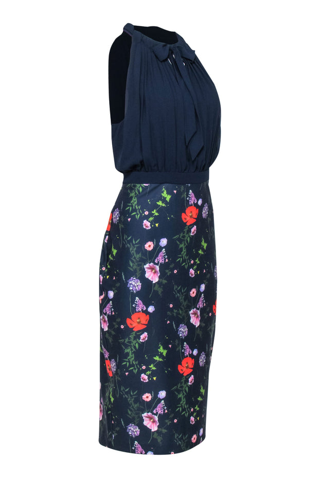 Current Boutique-Ted Baker - Navy Pleated Bodice w/ Floral Skirt Dress Sz 10