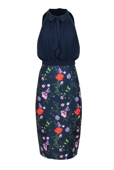 Current Boutique-Ted Baker - Navy Pleated Bodice w/ Floral Skirt Dress Sz 10