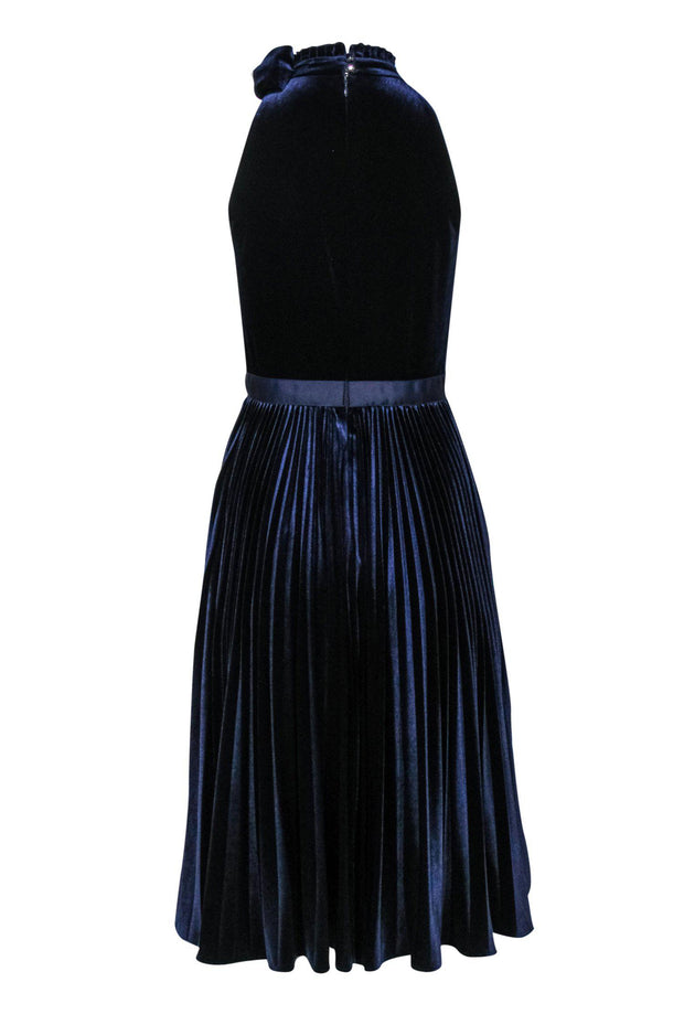 Current Boutique-Ted Baker - Navy Velvet Pleated Midi Dress w/ Bow Neck Sz 2