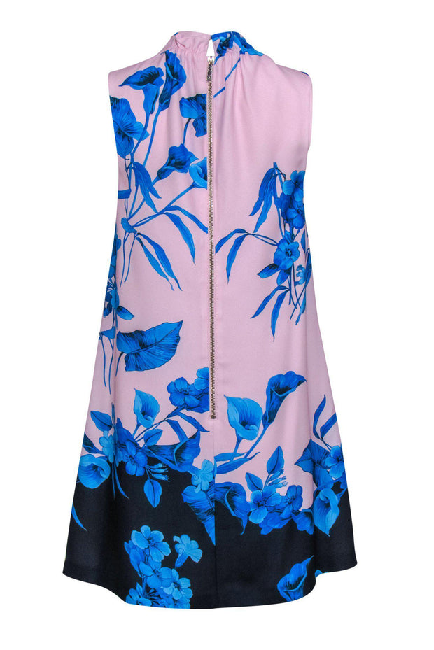 Current Boutique-Ted Baker - Pink & Blue Floral Print Sleeveless Shift Dress w/ Ruffle Neckline Sz 4