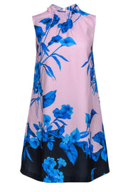 Current Boutique-Ted Baker - Pink & Blue Floral Print Sleeveless Shift Dress w/ Ruffle Neckline Sz 4