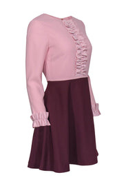 Current Boutique-Ted Baker - Pink & Burgundy Two-Toned Ruffle Long Sleeve Fit & Flare Dress Sz 4