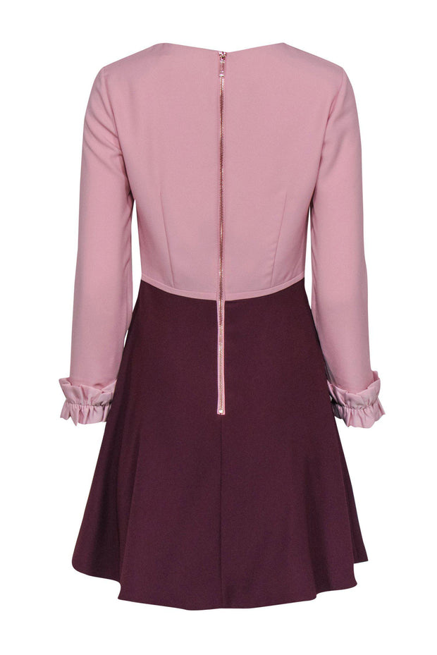 Current Boutique-Ted Baker - Pink & Burgundy Two-Toned Ruffle Long Sleeve Fit & Flare Dress Sz 4