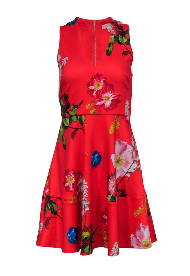 Current Boutique-Ted Baker - Red Floral V-Neck Fit & Flare Dress Sz 4