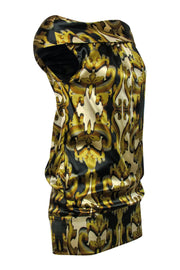 Current Boutique-Ted Baker - Sleeveless Gold & Green Filigree Silk Dress w/ Cowl Neck Sz 6