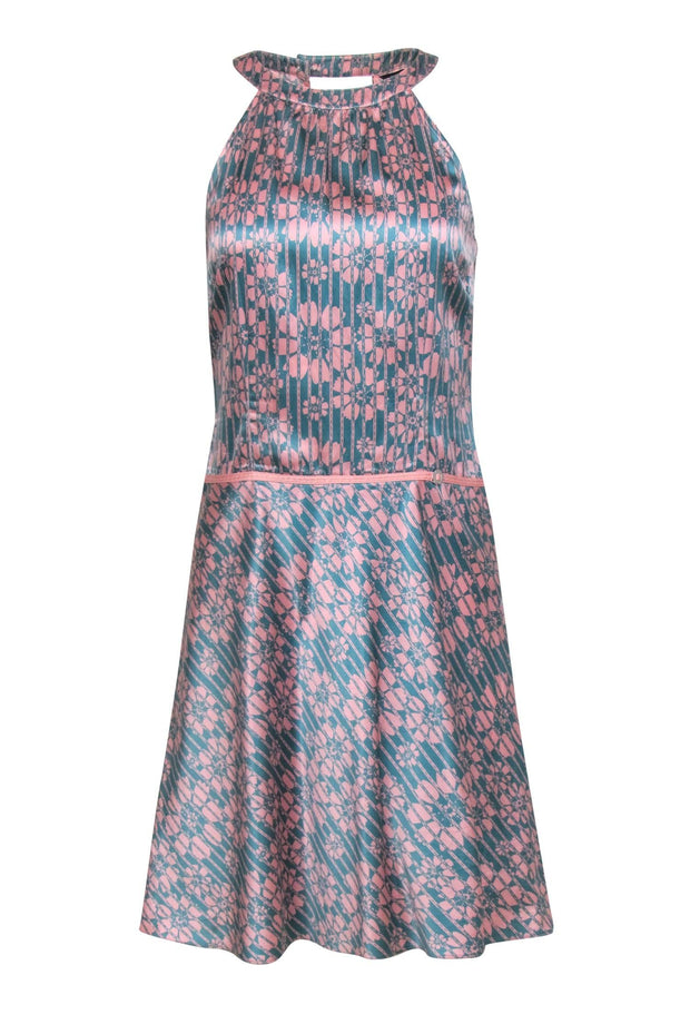 Current Boutique-Ted Baker - Teal & Pink Floral Satin A-Line Dress Sz 6