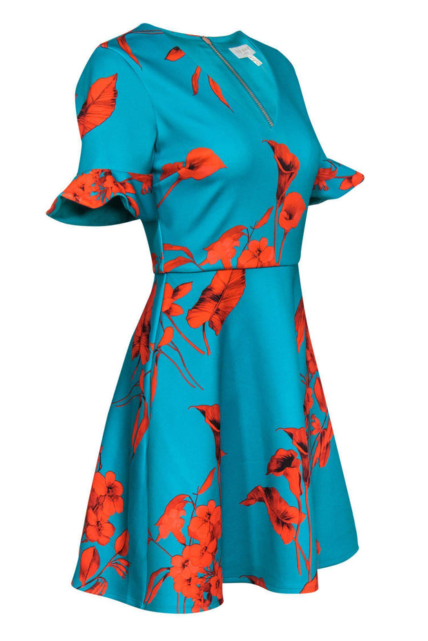 Current Boutique-Ted Baker - Turquoise & Red Floral Print Bell Sleeve Fit & Flare Dress Sz 4