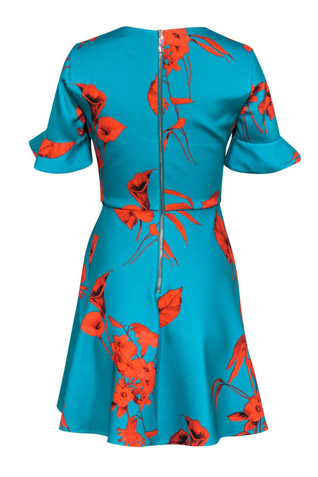 Current Boutique-Ted Baker - Turquoise & Red Floral Print Bell Sleeve Fit & Flare Dress Sz 4