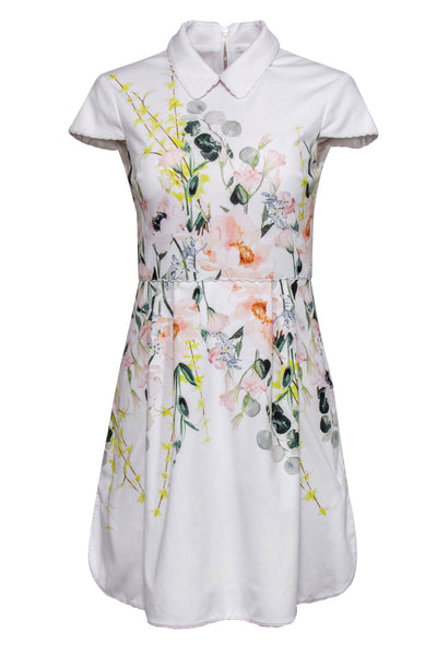 Current Boutique-Ted Baker - White Floral Print Fit & Flare Dress w/ Peter Pan Collar Sz 4