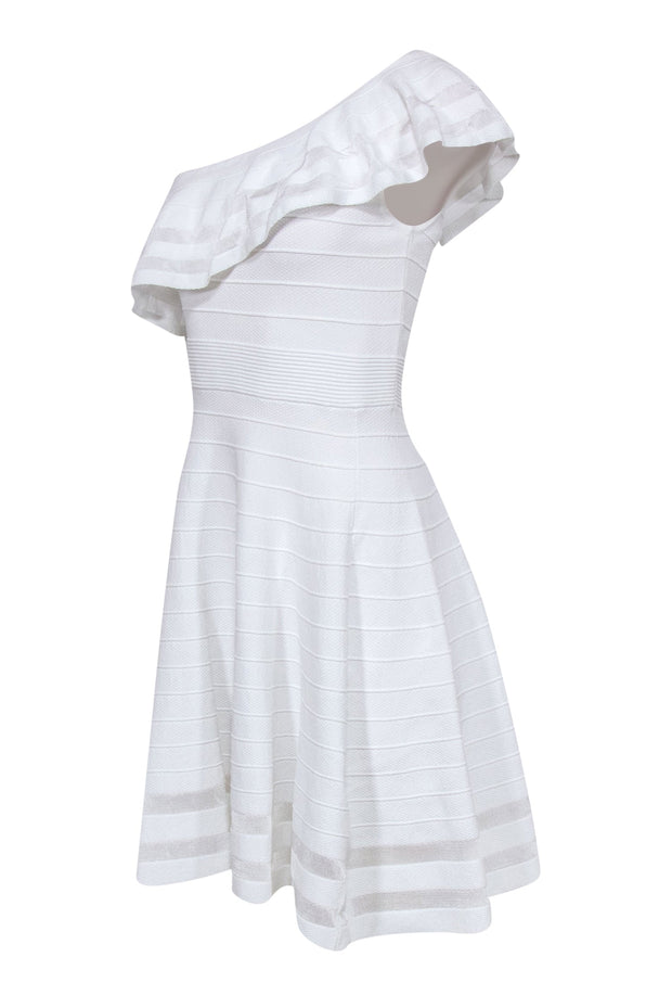 Current Boutique-Ted Baker - White One Shoulder Fit & Flare Knit Dress w/ Shoulder Ruffle Sz 8