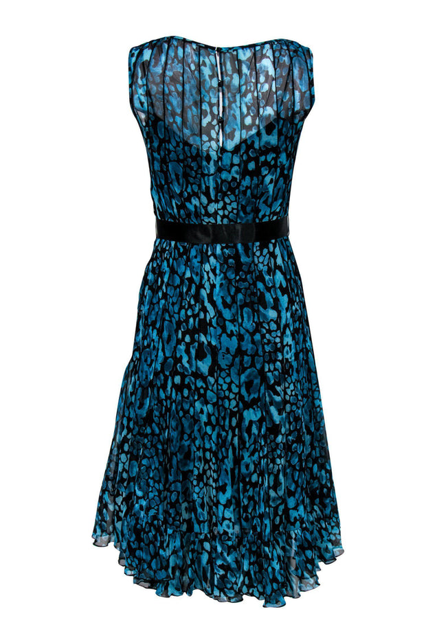 Current Boutique-Teri Jon - Blue Leopard Print Pleated Flare Dress Sz 4