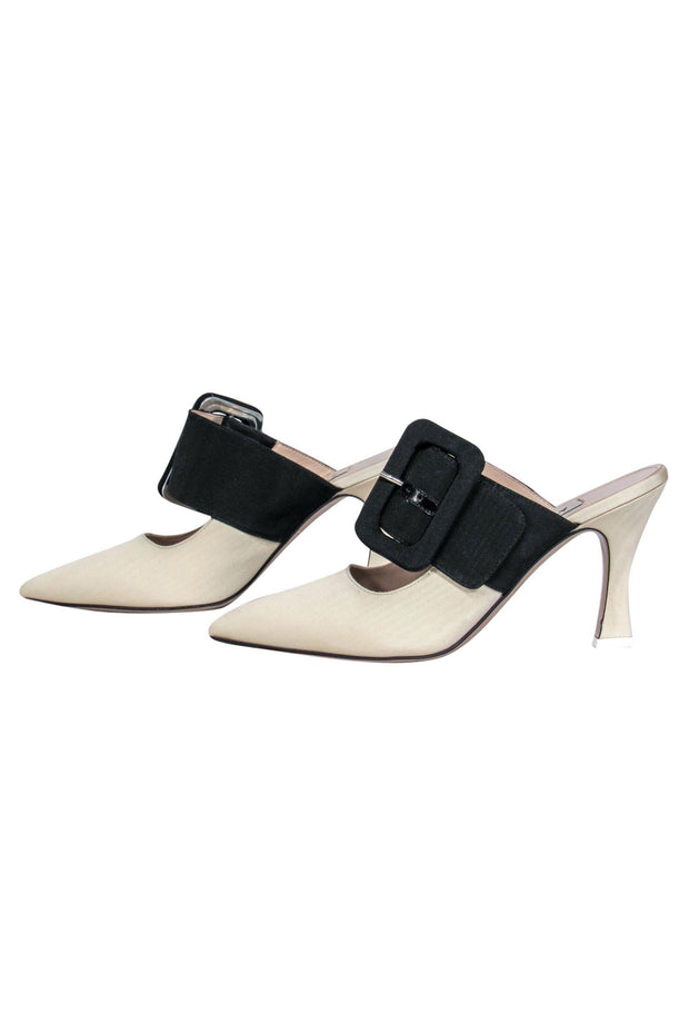 Current Boutique-The Attico - Ivory & Black Pointed Toe Mule Pumps w/ Belt Buckle Detail Sz 7