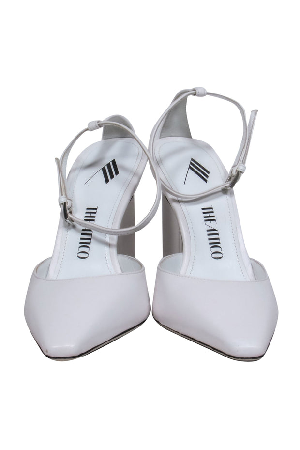 Current Boutique-The Attico - White Square Toe Triangular Heel Slingback w/ Ankle Strap Sz 7.5