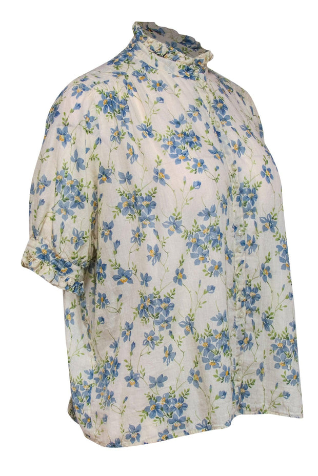 Current Boutique-The Great - Cream, Blue & Green Floral Print Button-Up Cotton Blouse Sz 2