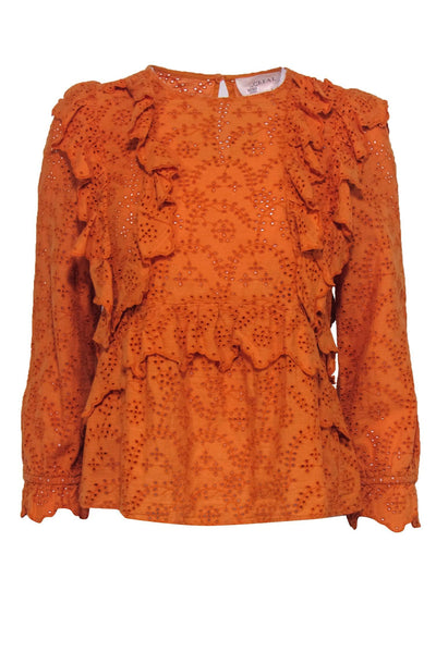 Current Boutique-The Great - Orange Floral Eyelet Ruffled Peplum Cotton Blouse Sz S