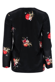 Current Boutique-The Kooples - Black Floral Print Silk Zip-Up Blouse Sz 0