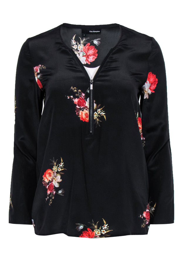 Current Boutique-The Kooples - Black Floral Print Silk Zip-Up Blouse Sz 0