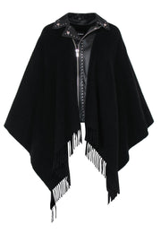 Current Boutique-The Kooples - Black Wool Blend Zip-Up Fringed Poncho w/ Studded Leather Trim OS