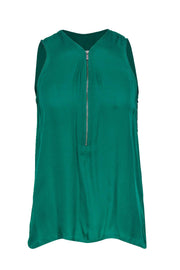 Current Boutique-The Kooples - Emerald Green V-Neck Silk Tank w/ Front Zipper Sz XS