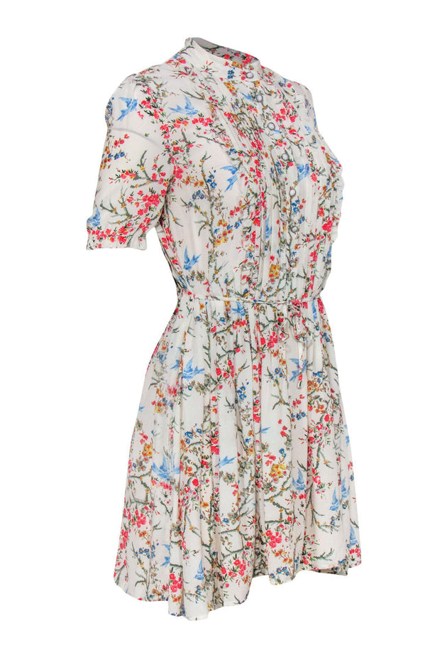 Current Boutique-The Kooples - Ivory Floral & Bird Print Short Sleeve Fit & Flare Dress Sz S