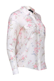 Current Boutique-The Kooples - White Rose Print Cotton/Silk Blend Collared Button-Up Blouse Sz XS