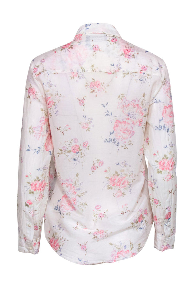 Current Boutique-The Kooples - White Rose Print Cotton/Silk Blend Collared Button-Up Blouse Sz XS