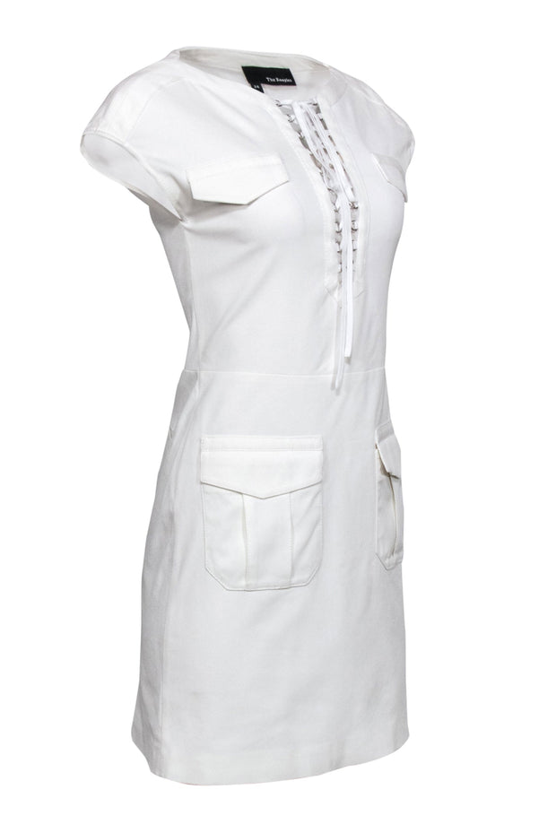 Current Boutique-The Kooples - White Textured Lace-Up Bodycon Dress Sz 2