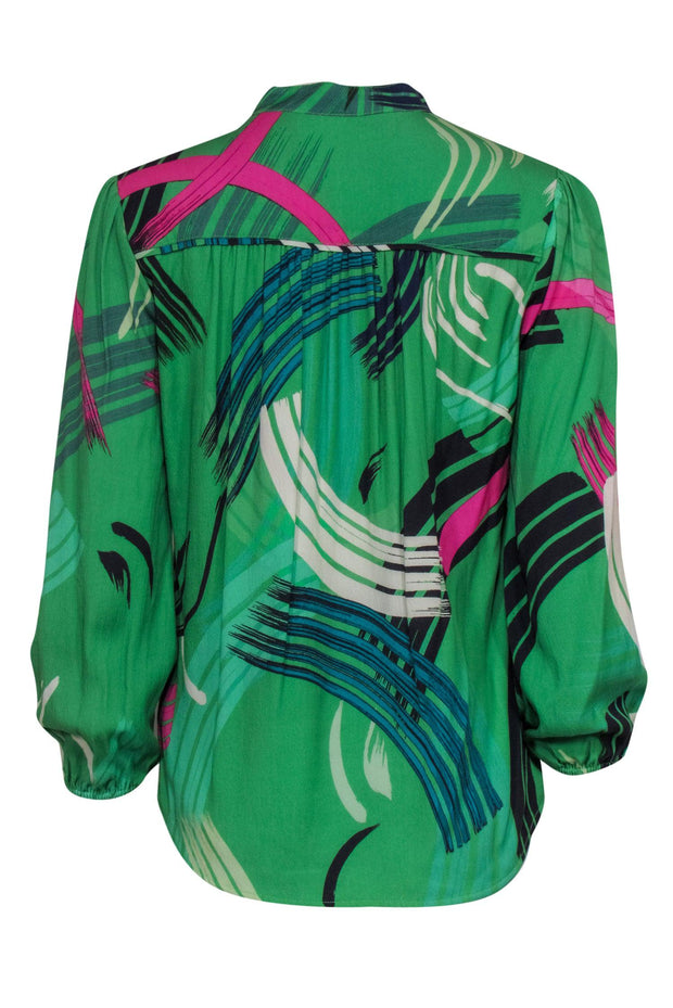 Current Boutique-The Odells - Kelly Green Peasant Blouse w/ Paint Stroke Print Sz XS