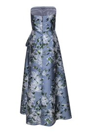 Current Boutique-Theia - Light Blue, Green & White Floral Strapless Gown w/ Pleated Sash Sz 8