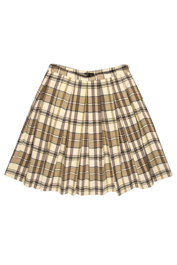 Current Boutique-Theory - Beige, Grey & Yellow Plaid Pleated A-Line Skirt Sz 8