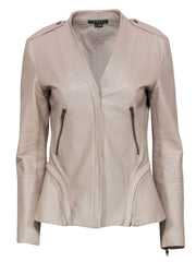 Current Boutique-Theory - Beige Smooth Leather V-Neck Jacket Sz 6