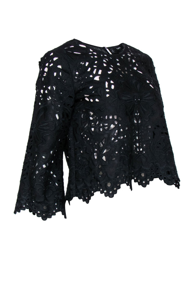 Current Boutique-Theory - Black Eyelet & Floral Embroidered Long Sleeve Scalloped Top Sz S